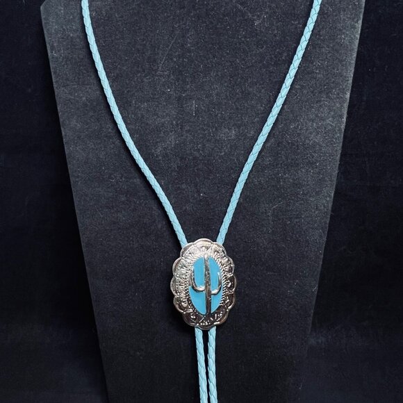 Western Aqua Blue & Silver Tone Cactus Bolo Tie Necklace (4735-1 to -5) - Picture 2 of 5